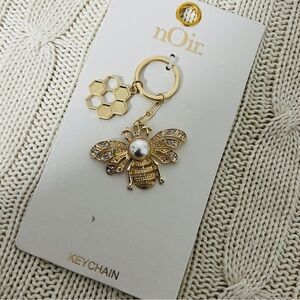 nOir New Gold Bee Honeycomb Keychain with Pearl and Rhinestones Bag Charm